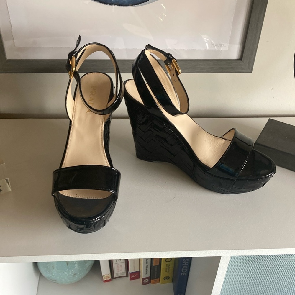 Vintage Prada Black Wedge Sandals with Ankle Strap